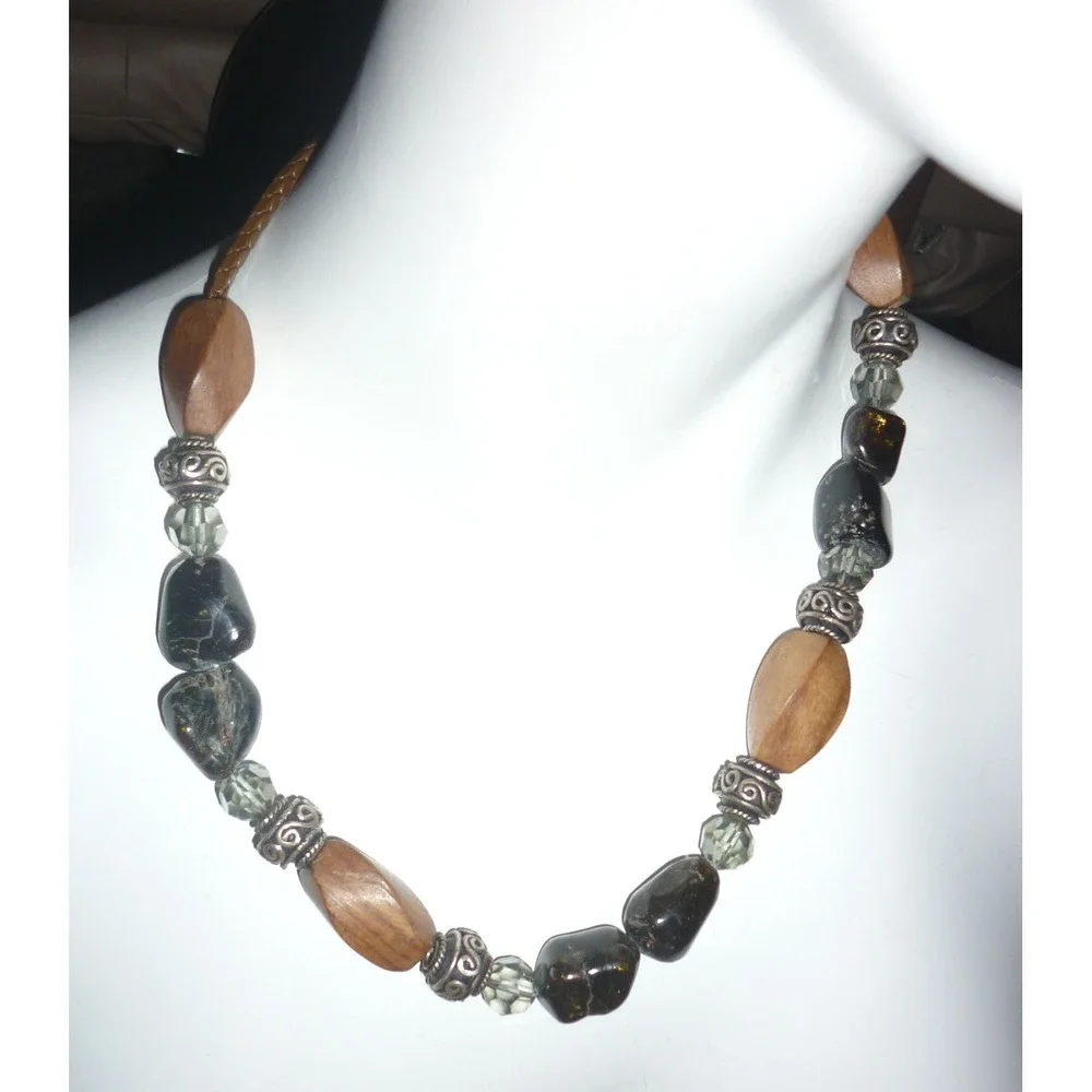 Chunky Beaded Necklace Wood Stone Glass Silver Tone S-Hook Clasp Brown Black 17